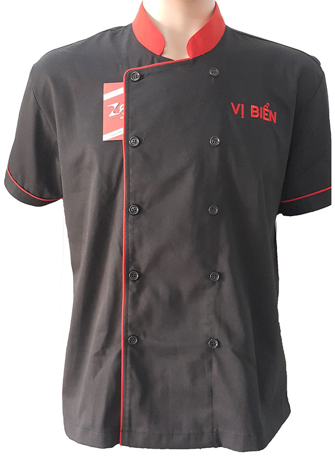 Mẫu áo đồng phục bếp Vị Biển với chất liệu vải Kaki cùng kiểu áo Trung Hoa.