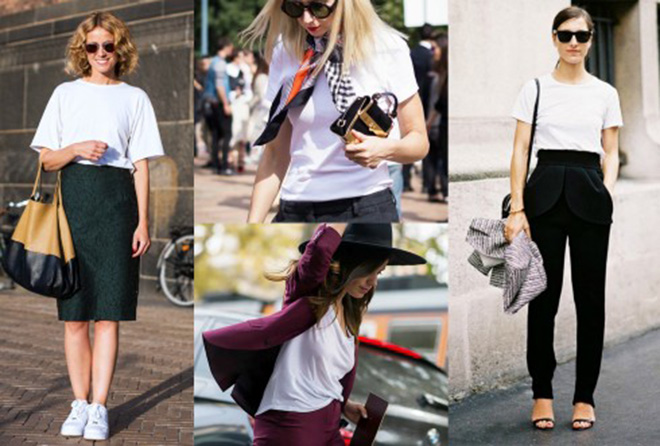 Bạn có thể phối đơn giản áo thun trắng với váy bút chì, váy midi đến quần tây hay quần short.