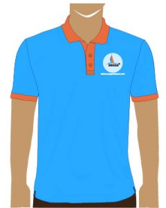 Mẫu thiết kế áo thun cho Amega với nền áo màu xanh da trời, áo cổ trụ, tay áo và cổ viền cam, logo in bên trái.
