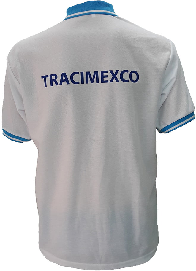 Áo đồng phục xuất khẩu lao động Tracimexco thiết kế bằng thun cá sấu PE co giãn 2 chiều màu trắng tinh, thiết kế áo cổ trụ tay bo mày xanh ya, áo in lụa. - hình 4