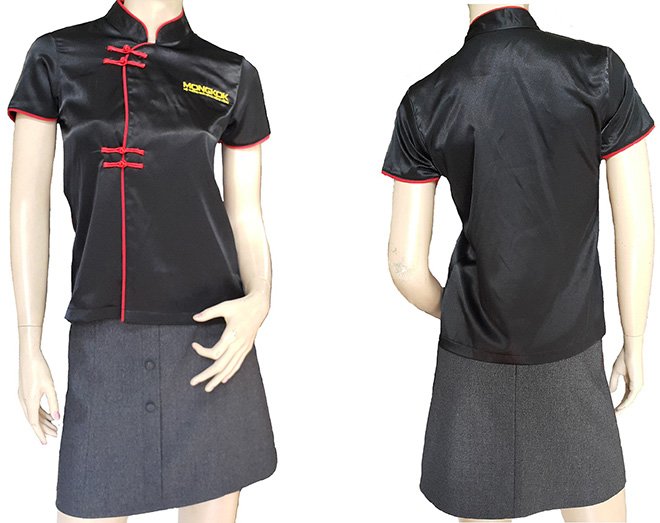 Áo đồng phục bếp dành cho nữ của nhà hàng MONGKOK đã may thành phẩm.